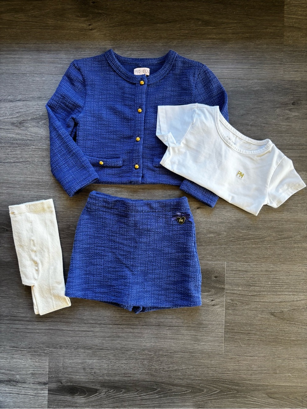 Paris Hilton Royal Blue Knit Jacket, Shorts & White Tee Set